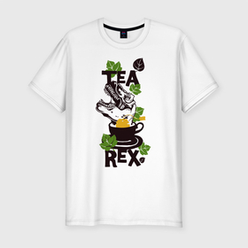 Мужская футболка хлопок Slim с принтом Динозавр в чашке чая в Петрозаводске, 92% хлопок, 8% лайкра | приталенный силуэт, круглый вырез ворота, длина до линии бедра, короткий рукав | динозавр | лист | пакетик | уличный стиль | чай | чашка
