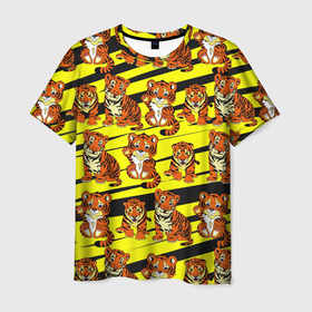 Мужская футболка 3D с принтом Няшные Тигрята в Белгороде, 100% полиэфир | прямой крой, круглый вырез горловины, длина до линии бедер | желтый | звери | кошка | полосатый | тигр | шерсть