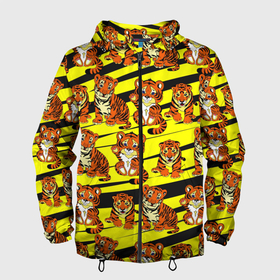 Мужская ветровка 3D с принтом Няшные Тигрята в Белгороде, 100% полиэстер | подол и капюшон оформлены резинкой с фиксаторами, два кармана без застежек по бокам, один потайной карман на груди | желтый | звери | кошка | полосатый | тигр | шерсть