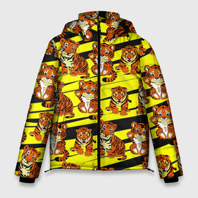 Мужская зимняя куртка 3D с принтом Няшные Тигрята в Екатеринбурге, верх — 100% полиэстер; подкладка — 100% полиэстер; утеплитель — 100% полиэстер | длина ниже бедра, свободный силуэт Оверсайз. Есть воротник-стойка, отстегивающийся капюшон и ветрозащитная планка. 

Боковые карманы с листочкой на кнопках и внутренний карман на молнии. | желтый | звери | кошка | полосатый | тигр | шерсть