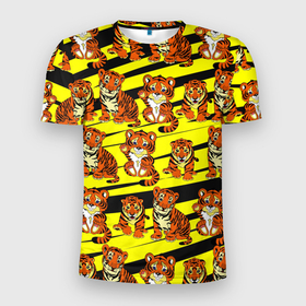 Мужская футболка 3D Slim с принтом Няшные Тигрята в Новосибирске, 100% полиэстер с улучшенными характеристиками | приталенный силуэт, круглая горловина, широкие плечи, сужается к линии бедра | желтый | звери | кошка | полосатый | тигр | шерсть