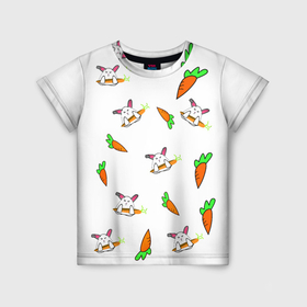 Детская футболка 3D с принтом Принт Зайчики с морковкой и Луки в Кировске, 100% гипоаллергенный полиэфир | прямой крой, круглый вырез горловины, длина до линии бедер, чуть спущенное плечо, ткань немного тянется | животные | зайцы | лук | морковь. | овощи