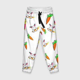 Детские брюки 3D с принтом Принт Зайчики с морковкой и Луки в Екатеринбурге, 100% полиэстер | манжеты по низу, эластичный пояс регулируется шнурком, по бокам два кармана без застежек, внутренняя часть кармана из мелкой сетки | животные | зайцы | лук | морковь. | овощи