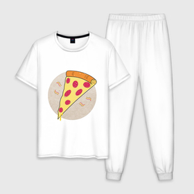 Мужская пижама хлопок с принтом Кусочек пиццы пепперони в Новосибирске, 100% хлопок | брюки и футболка прямого кроя, без карманов, на брюках мягкая резинка на поясе и по низу штанин
 | вкус | вкусно | вкусняшка | горячее | горячо | колбаса | кусок | кусочек | пепперони | пицца | сыр | сырный