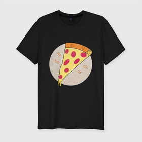 Мужская футболка хлопок Slim с принтом Кусочек пиццы пепперони в Екатеринбурге, 92% хлопок, 8% лайкра | приталенный силуэт, круглый вырез ворота, длина до линии бедра, короткий рукав | Тематика изображения на принте: вкус | вкусно | вкусняшка | горячее | горячо | колбаса | кусок | кусочек | пепперони | пицца | сыр | сырный