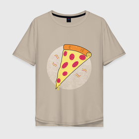 Мужская футболка хлопок Oversize с принтом Кусочек пиццы пепперони в Екатеринбурге, 100% хлопок | свободный крой, круглый ворот, “спинка” длиннее передней части | Тематика изображения на принте: вкус | вкусно | вкусняшка | горячее | горячо | колбаса | кусок | кусочек | пепперони | пицца | сыр | сырный