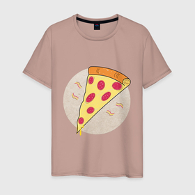 Мужская футболка хлопок с принтом Кусочек пиццы пепперони в Санкт-Петербурге, 100% хлопок | прямой крой, круглый вырез горловины, длина до линии бедер, слегка спущенное плечо. | вкус | вкусно | вкусняшка | горячее | горячо | колбаса | кусок | кусочек | пепперони | пицца | сыр | сырный