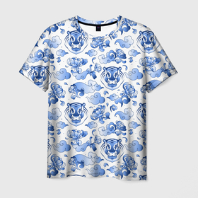 Мужская футболка 3D с принтом Гжель Тигр и узоры в Петрозаводске, 100% полиэфир | прямой крой, круглый вырез горловины, длина до линии бедер | 2022 | год тигра | новый год | новый год 2022 | символ года | тигр | тигренок | тигрица | тигры