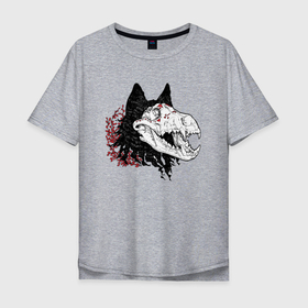 Мужская футболка хлопок Oversize с принтом Fashionable avant garde wolf в Санкт-Петербурге, 100% хлопок | свободный крой, круглый ворот, “спинка” длиннее передней части | bones | fangs | fashion | flowers | hype | jaw | skull | teeth | vanguard | wolf | авангард | волк | зубы | клыки | мода | пасть | хайп | цветы | череп