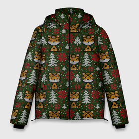 Мужская зимняя куртка 3D с принтом Вязаный стиль - тигр 2022 новогодний , верх — 100% полиэстер; подкладка — 100% полиэстер; утеплитель — 100% полиэстер | длина ниже бедра, свободный силуэт Оверсайз. Есть воротник-стойка, отстегивающийся капюшон и ветрозащитная планка. 

Боковые карманы с листочкой на кнопках и внутренний карман на молнии. | Тематика изображения на принте: 2022 | год тигра | новый год | новый год 2022 | символ года | тигр | тигренок | тигрица | тигры