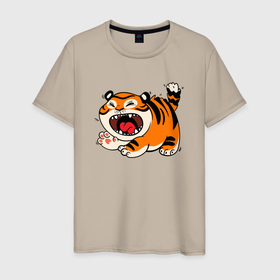 Мужская футболка хлопок с принтом Злой рычащий тигр в Санкт-Петербурге, 100% хлопок | прямой крой, круглый вырез горловины, длина до линии бедер, слегка спущенное плечо. | Тематика изображения на принте: 2022 | год тигра | новый год | новый год 2022 | символ года | тигр | тигренок | тигрица | тигры