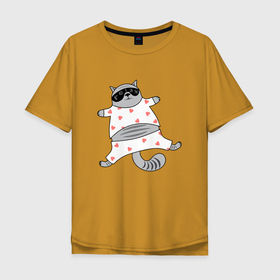 Мужская футболка хлопок Oversize с принтом кот в пижаме в Тюмени, 100% хлопок | свободный крой, круглый ворот, “спинка” длиннее передней части | cat | love cat | котик | кото пижама | котэ | ночь | пижама | сердечки | сон
