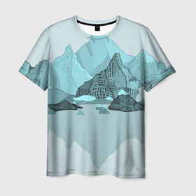 Мужская футболка 3D с принтом Голубой горный пейзаж с темно-серыми тенями в Санкт-Петербурге, 100% полиэфир | прямой крой, круглый вырез горловины, длина до линии бедер | голубые горы | горный | горный массив | горный пейзаж | горы | горы в снегу | для сноуборда | для туристов | заснеженные горы | зимние горы | зимний | лыжный | снежные горы | сноуборд