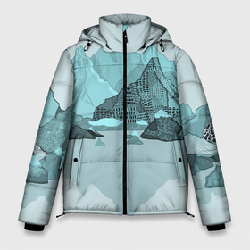 Мужская зимняя куртка 3D с принтом Голубой горный пейзаж с темно-серыми тенями в Санкт-Петербурге, верх — 100% полиэстер; подкладка — 100% полиэстер; утеплитель — 100% полиэстер | длина ниже бедра, свободный силуэт Оверсайз. Есть воротник-стойка, отстегивающийся капюшон и ветрозащитная планка. 

Боковые карманы с листочкой на кнопках и внутренний карман на молнии. | Тематика изображения на принте: голубые горы | горный | горный массив | горный пейзаж | горы | горы в снегу | для сноуборда | для туристов | заснеженные горы | зимние горы | зимний | лыжный | снежные горы | сноуборд