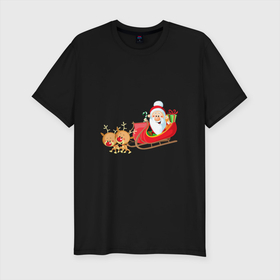 Мужская футболка хлопок Slim с принтом Санта Клаус катается на санях в Белгороде, 92% хлопок, 8% лайкра | приталенный силуэт, круглый вырез ворота, длина до линии бедра, короткий рукав | Тематика изображения на принте: новый год | олени | праздник | рождество | сантаклаус