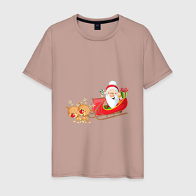 Мужская футболка хлопок с принтом Санта Клаус катается на санях в Новосибирске, 100% хлопок | прямой крой, круглый вырез горловины, длина до линии бедер, слегка спущенное плечо. | новый год | олени | праздник | рождество | сантаклаус