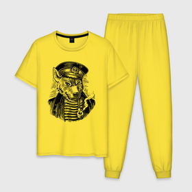 Мужская пижама хлопок с принтом Мудрый морской волк в Белгороде, 100% хлопок | брюки и футболка прямого кроя, без карманов, на брюках мягкая резинка на поясе и по низу штанин
 | Тематика изображения на принте: anchor | boatswain | cap | ear | jaw | muzzle | pipe | seaman | smoke | vest | view | wolf | боцман | взгляд | волк | дым | моряк | пасть | тельняшка | трубка | ухо | фуражка | якорь