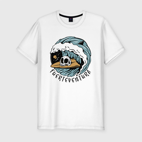 Мужская футболка хлопок Slim с принтом Fuerteventura   surfing , 92% хлопок, 8% лайкра | приталенный силуэт, круглый вырез ворота, длина до линии бедра, короткий рукав | fin | furteventura | hype | shark | skull | summer | surfing | wave | акула | волна | лето | плавник | сёрфинг | фуэртевентура | хайп | череп