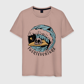 Мужская футболка хлопок с принтом Fuerteventura   surfing в Тюмени, 100% хлопок | прямой крой, круглый вырез горловины, длина до линии бедер, слегка спущенное плечо. | fin | furteventura | hype | shark | skull | summer | surfing | wave | акула | волна | лето | плавник | сёрфинг | фуэртевентура | хайп | череп