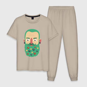 Мужская пижама хлопок с принтом Зеленая борода в Санкт-Петербурге, 100% хлопок | брюки и футболка прямого кроя, без карманов, на брюках мягкая резинка на поясе и по низу штанин
 | борода | борода елка | дед мороз | дровосек | ёлка | игрушки | новый 2022 | снег | стильная елка | хипстер | шары