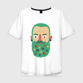 Мужская футболка хлопок Oversize с принтом Зеленая борода в Санкт-Петербурге, 100% хлопок | свободный крой, круглый ворот, “спинка” длиннее передней части | борода | борода елка | дед мороз | дровосек | ёлка | игрушки | новый 2022 | снег | стильная елка | хипстер | шары