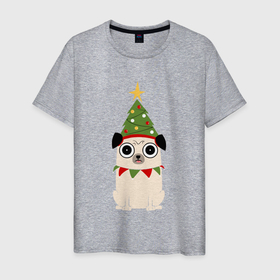 Мужская футболка хлопок с принтом пёса-ёлка в Санкт-Петербурге, 100% хлопок | прямой крой, круглый вырез горловины, длина до линии бедер, слегка спущенное плечо. | dog | happy new year | дед мороз | детский новый год | ёлка | звездна | игрушки | новый год 2021 | собака | собаки