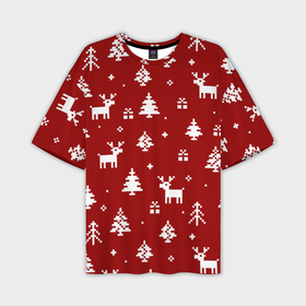 Мужская футболка OVERSIZE 3D с принтом Новогодние олени и елки на красном фоне ,  |  | 2021 | 2022 | christmas | merry | merry christmas | new year | snow | sweater | ugly christmas | winter | зима | новогодний | новогодняя | новый год | рождественский | рождественский свитер | рождество | свитер | снег