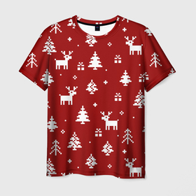 Мужская футболка 3D с принтом Новогодние олени и елки на красном фоне в Белгороде, 100% полиэфир | прямой крой, круглый вырез горловины, длина до линии бедер | 2021 | 2022 | christmas | merry | merry christmas | new year | snow | sweater | ugly christmas | winter | зима | новогодний | новогодняя | новый год | рождественский | рождественский свитер | рождество | свитер | снег