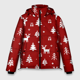 Мужская зимняя куртка 3D с принтом Новогодние олени и елки на красном фоне в Тюмени, верх — 100% полиэстер; подкладка — 100% полиэстер; утеплитель — 100% полиэстер | длина ниже бедра, свободный силуэт Оверсайз. Есть воротник-стойка, отстегивающийся капюшон и ветрозащитная планка. 

Боковые карманы с листочкой на кнопках и внутренний карман на молнии. | Тематика изображения на принте: 2021 | 2022 | christmas | merry | merry christmas | new year | snow | sweater | ugly christmas | winter | зима | новогодний | новогодняя | новый год | рождественский | рождественский свитер | рождество | свитер | снег