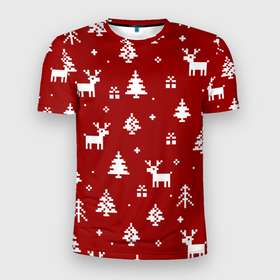 Мужская футболка 3D Slim с принтом Новогодние олени и елки на красном фоне , 100% полиэстер с улучшенными характеристиками | приталенный силуэт, круглая горловина, широкие плечи, сужается к линии бедра | 2021 | 2022 | christmas | merry | merry christmas | new year | snow | sweater | ugly christmas | winter | зима | новогодний | новогодняя | новый год | рождественский | рождественский свитер | рождество | свитер | снег