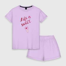 Женская пижама с шортиками хлопок с принтом Life is sweet Ice cream в Белгороде, 100% хлопок | футболка прямого кроя, шорты свободные с широкой мягкой резинкой | вишня | мороженое | рожок | розовый | сладкая жизнь