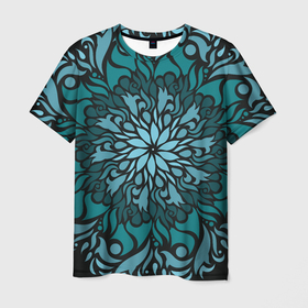 Мужская футболка 3D с принтом Зеленая мандала в Петрозаводске, 100% полиэфир | прямой крой, круглый вырез горловины, длина до линии бедер | зеленый | медитативный | медитация | орнамент | переплетение | растительный | узор | цветочный