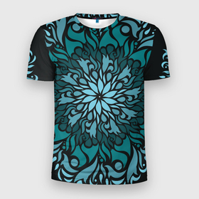 Мужская футболка 3D Slim с принтом Зеленая мандала в Новосибирске, 100% полиэстер с улучшенными характеристиками | приталенный силуэт, круглая горловина, широкие плечи, сужается к линии бедра | зеленый | медитативный | медитация | орнамент | переплетение | растительный | узор | цветочный