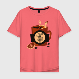 Мужская футболка хлопок Oversize с принтом Девушка в чашке кофе в Тюмени, 100% хлопок | свободный крой, круглый ворот, “спинка” длиннее передней части | Тематика изображения на принте: девушка | зерно | кофе | пончик | уличный стиль | чашка
