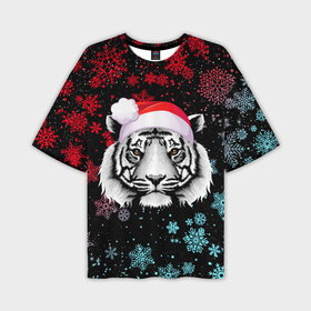 Мужская футболка OVERSIZE 3D с принтом НОВОГОДНИЙ БЕЛЫЙ ТИГР В НЕОНЕ в Новосибирске,  |  | 2022 | beast | merry christmas | new year | red bow | santa hat | snow | tiger | winter | winter is coming | year of the tiger | год тигра | дед мороз | животные | звери | зверь | зима | зима 2022 | зима близко | новог | новогодни