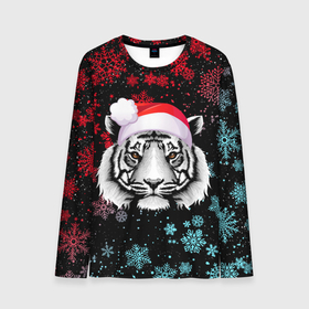 Мужской лонгслив 3D с принтом НОВОГОДНИЙ БЕЛЫЙ ТИГР В НЕОНЕ в Тюмени, 100% полиэстер | длинные рукава, круглый вырез горловины, полуприлегающий силуэт | 2022 | beast | merry christmas | new year | red bow | santa hat | snow | tiger | winter | winter is coming | year of the tiger | год тигра | дед мороз | животные | звери | зверь | зима | зима 2022 | зима близко | новог | новогодни