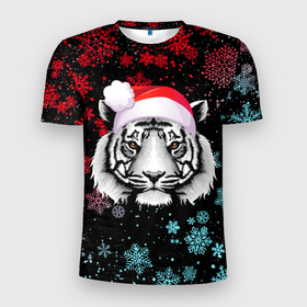 Мужская футболка 3D Slim с принтом НОВОГОДНИЙ БЕЛЫЙ ТИГР В НЕОНЕ в Новосибирске, 100% полиэстер с улучшенными характеристиками | приталенный силуэт, круглая горловина, широкие плечи, сужается к линии бедра | 2022 | beast | merry christmas | new year | red bow | santa hat | snow | tiger | winter | winter is coming | year of the tiger | год тигра | дед мороз | животные | звери | зверь | зима | зима 2022 | зима близко | новог | новогодни
