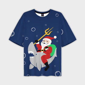 Мужская футболка OVERSIZE 3D с принтом САНТА КЛАУС НА АКУЛЕ | SANTA ,  |  | 2020 | 2021 | 2022 | christmas | merry | santa | акула | дед мороз | нг | новогодний | новый год | рождество | санта клаус | свитер | узоры