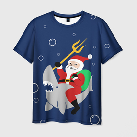 Мужская футболка 3D с принтом САНТА КЛАУС НА АКУЛЕ | SANTA в Тюмени, 100% полиэфир | прямой крой, круглый вырез горловины, длина до линии бедер | 2020 | 2021 | 2022 | christmas | merry | santa | акула | дед мороз | нг | новогодний | новый год | рождество | санта клаус | свитер | узоры