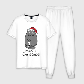Мужская пижама хлопок с принтом Новогодний кот с мышкой в лапах в Екатеринбурге, 100% хлопок | брюки и футболка прямого кроя, без карманов, на брюках мягкая резинка на поясе и по низу штанин
 | Тематика изображения на принте: 2021 | 2022 | cat | christmas | merry | merry christmas | new year | snow | sweater | ugly christmas | winter | зима | кот | котики | коты | котэ | кошечки | кошки | новогодний | новогодняя | новый год | рождественский | рождественский свит