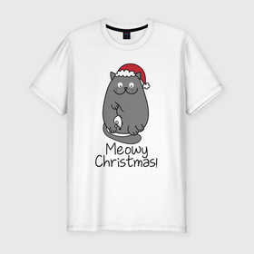 Мужская футболка хлопок Slim с принтом Новогодний кот с мышкой в лапах в Тюмени, 92% хлопок, 8% лайкра | приталенный силуэт, круглый вырез ворота, длина до линии бедра, короткий рукав | 2021 | 2022 | cat | christmas | merry | merry christmas | new year | snow | sweater | ugly christmas | winter | зима | кот | котики | коты | котэ | кошечки | кошки | новогодний | новогодняя | новый год | рождественский | рождественский свит
