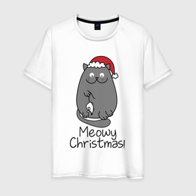 Мужская футболка хлопок с принтом Новогодний кот с мышкой в лапах в Новосибирске, 100% хлопок | прямой крой, круглый вырез горловины, длина до линии бедер, слегка спущенное плечо. | 2021 | 2022 | cat | christmas | merry | merry christmas | new year | snow | sweater | ugly christmas | winter | зима | кот | котики | коты | котэ | кошечки | кошки | новогодний | новогодняя | новый год | рождественский | рождественский свит