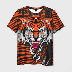 Мужская футболка 3D с принтом Wild cat 22 , 100% полиэфир | прямой крой, круглый вырез горловины, длина до линии бедер | tiger | когти | кошка | полосы | тигр | хищник