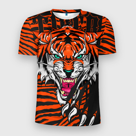 Мужская футболка 3D Slim с принтом Wild cat 22 в Екатеринбурге, 100% полиэстер с улучшенными характеристиками | приталенный силуэт, круглая горловина, широкие плечи, сужается к линии бедра | tiger | когти | кошка | полосы | тигр | хищник