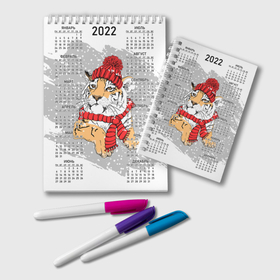Блокнот с принтом Тигр в вязаной красной шапке в Санкт-Петербурге, 100% бумага | 48 листов, плотность листов — 60 г/м2, плотность картонной обложки — 250 г/м2. Листы скреплены удобной пружинной спиралью. Цвет линий — светло-серый
 | 2022 | beast | calendar | cute | kind | knitted hat | new year | red | scarf | snow | tiger | winter | year of the tiger | вязаная шапка | год тигра | добрый | зверь | зима | календарь | красная | милый | новый год | снег | тигр | шарф