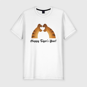 Мужская футболка хлопок Slim с принтом Happy Tigers Year в Новосибирске, 92% хлопок, 8% лайкра | приталенный силуэт, круглый вырез ворота, длина до линии бедра, короткий рукав | holiday | new year | paws | tiger | лапы | новый год | праздник | тигр