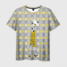 Мужская футболка 3D с принтом Милая жирафа в шарфе в Тюмени, 100% полиэфир | прямой крой, круглый вырез горловины, длина до линии бедер | высокий | графика | длинная шея | животное | жираф | кружочки