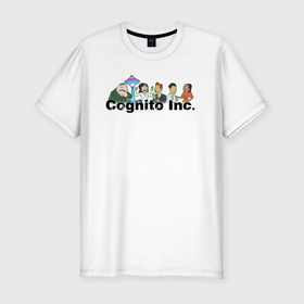 Мужская футболка хлопок Slim с принтом Корпорация Cognito Inc в Петрозаводске, 92% хлопок, 8% лайкра | приталенный силуэт, круглый вырез ворота, длина до линии бедра, короткий рукав | корпорация | надпись | название | пероснажи | сотрудники