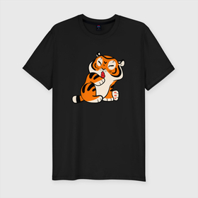 Мужская футболка хлопок Slim с принтом забавный тигр показывает язык в Санкт-Петербурге, 92% хлопок, 8% лайкра | приталенный силуэт, круглый вырез ворота, длина до линии бедра, короткий рукав | 2022 | год тигра | новый год | новый год 2022 | символ года | тигр | тигренок | тигрица | тигры