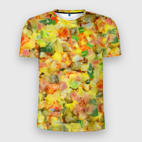 Мужская футболка 3D Slim с принтом Оливье в Санкт-Петербурге, 100% полиэстер с улучшенными характеристиками | приталенный силуэт, круглая горловина, широкие плечи, сужается к линии бедра | вкусняшка | еда | новогодние салатики | новый год | оливье | оливьешечка | оливьешка | салат | салатики | фон